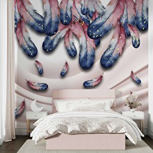 Pembe Mavi Renkli Tüy Desenli Duvar Kağıdı Baskı - Dkm-040_81132 425x200 cm
