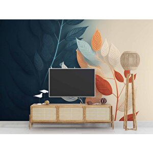 Soft Lacivert Ve Krem Rengi Yaprak Duvar Kağıdı Baskı - Dkm531011 375x200 cm