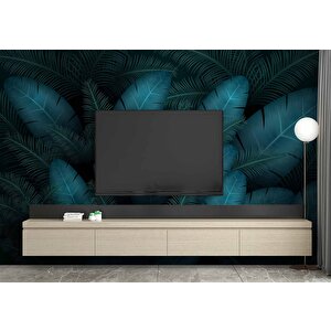 Botanik Mavi Yaprak Temalı Duvar Kağıdı Baskı - Dkm541058 500x260 cm