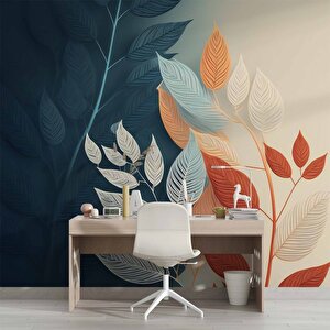 Soft Lacivert Ve Krem Rengi Yaprak Duvar Kağıdı Baskı - Dkm531069