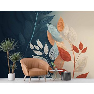 Soft Lacivert Ve Krem Rengi Yaprak Duvar Kağıdı Baskı - Dkm531069