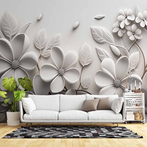 3 Boyutlu Beyaz Çiçek Desenli Duvar Kağıdı - Dkb956105 800x300 cm