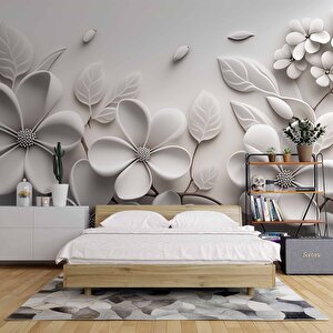 3 Boyutlu Beyaz Çiçek Desenli Duvar Kağıdı - Dkb956092 300x300 cm