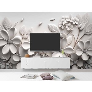 3 Boyutlu Beyaz Çiçek Desenli Duvar Kağıdı - Dkb956092 300x300 cm
