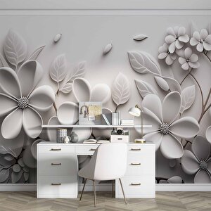 3 Boyutlu Beyaz Çiçek Desenli Duvar Kağıdı - Dkb956025