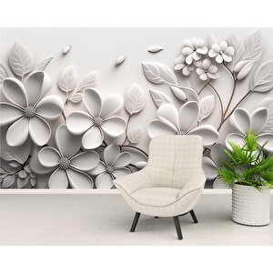 3 Boyutlu Beyaz Çiçek Desenli Duvar Kağıdı - Dkb956091