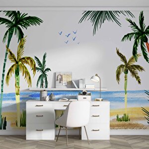 Tropikal Suluboya Çizim Manzaralı Duvar Kağıdı - Dkb958114