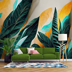 Yeşil Sarı Yaprak Çizim Desenli Duvar Kağıdı - Dkm885118 425x315 cm