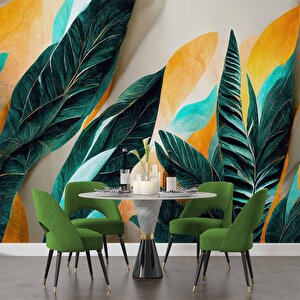 Yeşil Sarı Yaprak Çizim Desenli Duvar Kağıdı - Dkm885023