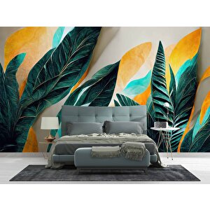 Yeşil Sarı Yaprak Çizim Desenli Duvar Kağıdı - Dkm885124 600x315 cm
