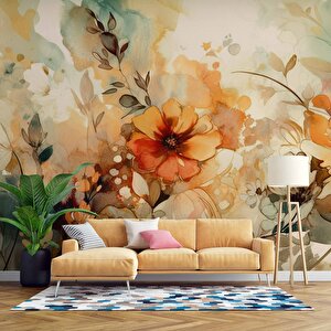 Turuncu Çiçek Çizim Deseneli Duvar Kağıdı - Dkm891018 550x200 cm