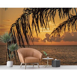 Gün Batımı Ve Palmiye Dal Manzaralı Duvar Kağıdı - Dkm928112
