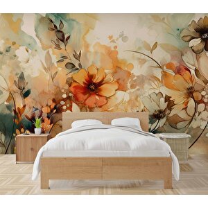 Turuncu Çiçek Çizim Deseneli Duvar Kağıdı - Dkm891074 375x280 cm