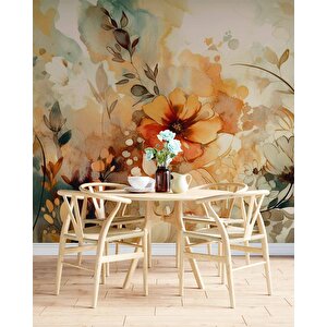 Turuncu Çiçek Çizim Deseneli Duvar Kağıdı - Dkm891074