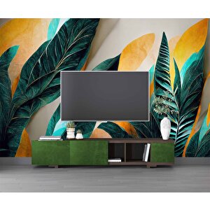 Yeşil Sarı Yaprak Çizim Desenli Duvar Kağıdı - Dkm885089 225x300 cm