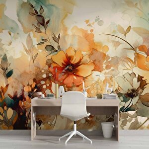 Turuncu Çiçek Çizim Deseneli Duvar Kağıdı - Dkm891076
