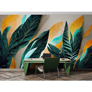 Yeşil Sarı Yaprak Çizim Desenli Duvar Kağıdı - Dkm885038