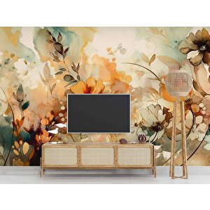 Turuncu Çiçek Çizim Deseneli Duvar Kağıdı - Dkm891058 500x260 cm