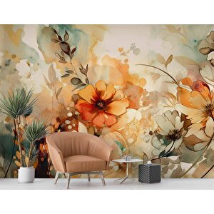 Turuncu Çiçek Çizim Deseneli Duvar Kağıdı - Dkm891058