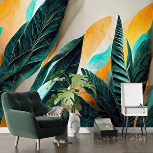 Yeşil Sarı Yaprak Çizim Desenli Duvar Kağıdı - Dkm885112