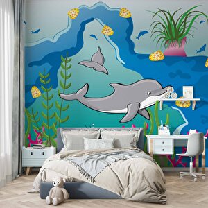 Denizaltı Yunus Çocuk Odası Duvar Kağıdı Baskı - Dkm370015 475x200 cm