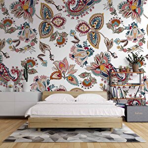 Beyaz Zemin Ve Renkli Çiçek Figür Çizim Desenli Duvar Kağıdı - Dkm846018 550x200 cm