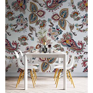 Beyaz Zemin Ve Renkli Çiçek Figür Çizim Desenli Duvar Kağıdı - Dkm846018