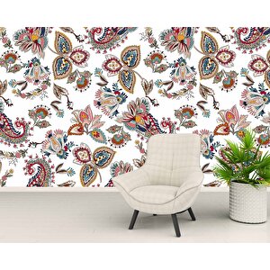 Beyaz Zemin Ve Renkli Çiçek Figür Çizim Desenli Duvar Kağıdı - Dkm846018