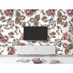 Beyaz Zemin Ve Renkli Çiçek Figür Çizim Desenli Duvar Kağıdı - Dkm846091 275x300 cm