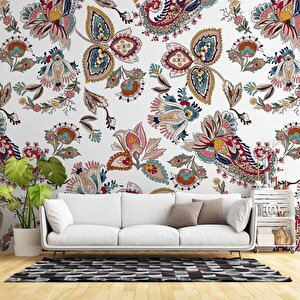 Beyaz Zemin Ve Renkli Çiçek Figür Çizim Desenli Duvar Kağıdı - Dkm846099 475x300 cm