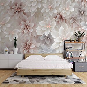 3 Boyutlu Beyaz Pembe Çiçek Çizim Temalı Duvar Kağıdı - Dkm903010 350x200 cm
