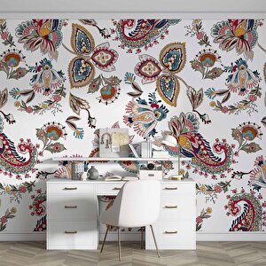 Beyaz Zemin Ve Renkli Çiçek Figür Çizim Desenli Duvar Kağıdı - Dkm846127