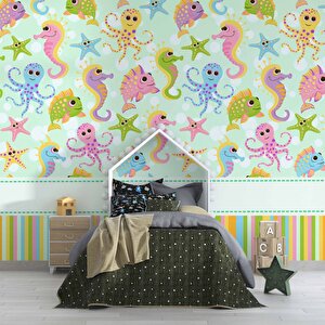 Deniz Atı Ve Ahtapot Desenli Çocuk Odası Duvar Kağıdı Baskı - Dkm417111