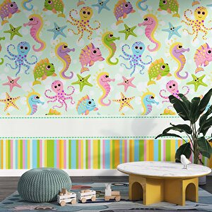 Deniz Atı Ve Ahtapot Desenli Çocuk Odası Duvar Kağıdı Baskı - Dkm417026 225x240 cm
