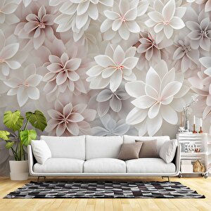 3 Boyutlu Beyaz Pembe Çiçek Çizim Temalı Duvar Kağıdı - Dkm903072 325x280 cm