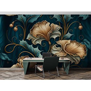 Koyu Yeşil Zeminli Altın Yaprak Desenli Duvar Kağıdı - Dkm770014