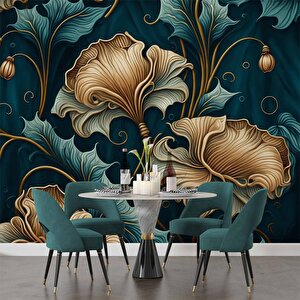 Koyu Yeşil Zeminli Altın Yaprak Desenli Duvar Kağıdı - Dkm770014