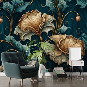 Koyu Yeşil Zeminli Altın Yaprak Desenli Duvar Kağıdı - Dkm770014