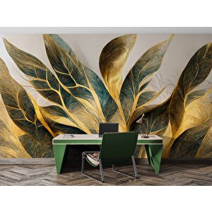 Altın Yaprak Çizim Desenli Duvar Kağıdı - Dkm879073