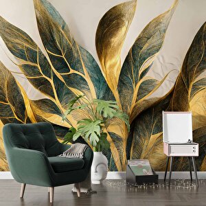 Altın Yaprak Çizim Desenli Duvar Kağıdı - Dkm879073