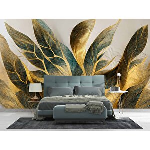 Altın Yaprak Çizim Desenli Duvar Kağıdı - Dkm879037 500x240 cm
