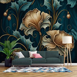 Koyu Yeşil Zeminli Altın Yaprak Desenli Duvar Kağıdı - Dkm770056 450x260 cm