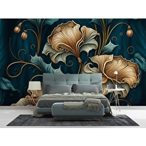Koyu Yeşil Zeminli Altın Yaprak Desenli Duvar Kağıdı - Dkm770122 525x315 cm
