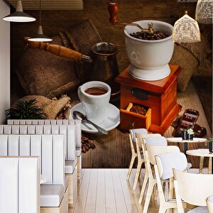 Kahve Öğütme Ve Cezve Temalı Cafe Duvar Kağıdı Baskı - Dkm269057 475x260 cm