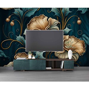 Koyu Yeşil Zeminli Altın Yaprak Desenli Duvar Kağıdı - Dkm770115 350x315 cm