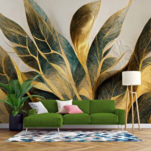 Altın Yaprak Çizim Desenli Duvar Kağıdı - Dkm879029 300x240 cm