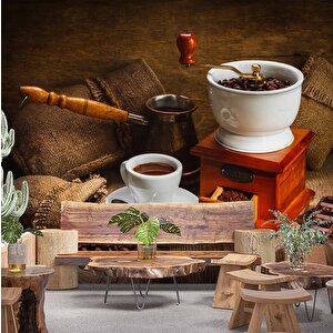 Kahve Öğütme Ve Cezve Temalı Cafe Duvar Kağıdı Baskı - Dkm269116 375x315 cm