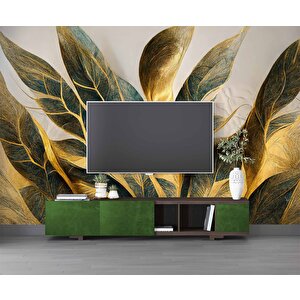 Altın Yaprak Çizim Desenli Duvar Kağıdı - Dkm879016 500x200 cm