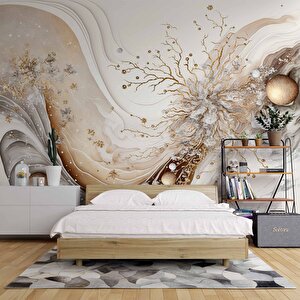 3 Boyutlu Altın Dal Ve Beyaz Çiçek Desenli Duvar Kağıdı - Dkm779049 275x260 cm