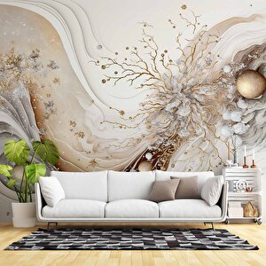 3 Boyutlu Altın Dal Ve Beyaz Çiçek Desenli Duvar Kağıdı - Dkm779024 150x240 cm